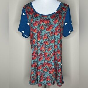 LuLaRoe Classic T short sleeved top t-shirt red floral blue/white polka dots XL.